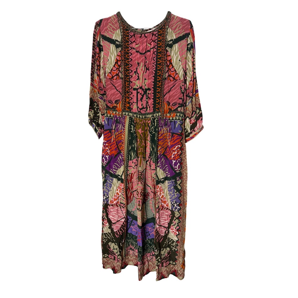 Siddhartha Bansal Mixed Print Boho Midi Dress Pink Orange Green Womens Large